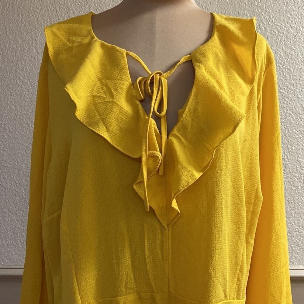 Ashley Stewart mustard‎ crepe ruffle v tie neck peplum blouse top